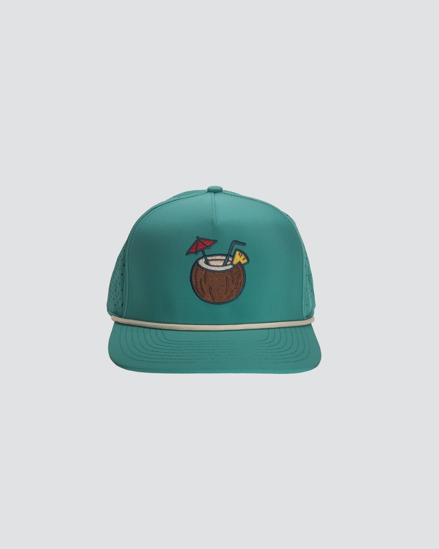 Teal cap with coconut and straw design on a light gray background